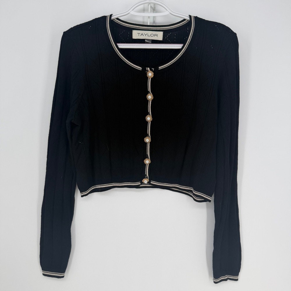 Taylor Cardigan Womens Large Black Cropped Pearl Button Pointelle Knit Preppy‎